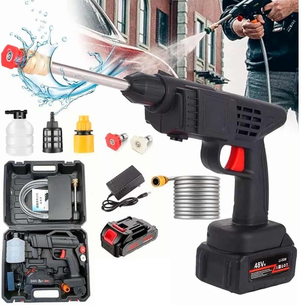 Pistola de Lavado de Alta Presión Inalámbrica – Hidrolimpiadora Portátil 300W con Batería 10000mAh y Boquillas Ajustables